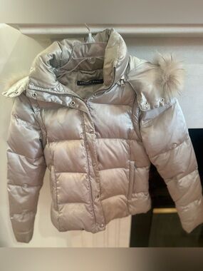 Andrew Marc Metallic Silver down Jacket with real Racoon fur detachable Hood XS